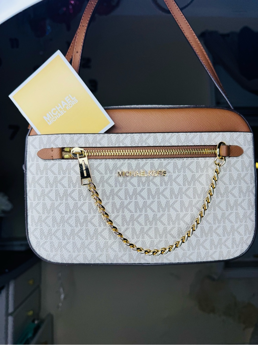 Michael Kors Cream MK Logo Crossbody with Tan Trim and Gold Chain